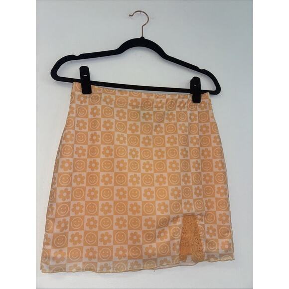 NWT Forever 21 Women's Skirt Orange Sz Lg Checkers smileys Boho Indie Spring Fun - Picture 2 of 5